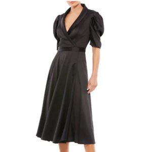 MAC DUGGAL PUFF SLEEVE SATIN A-LINE BLACK MIDI DRESS sz 12